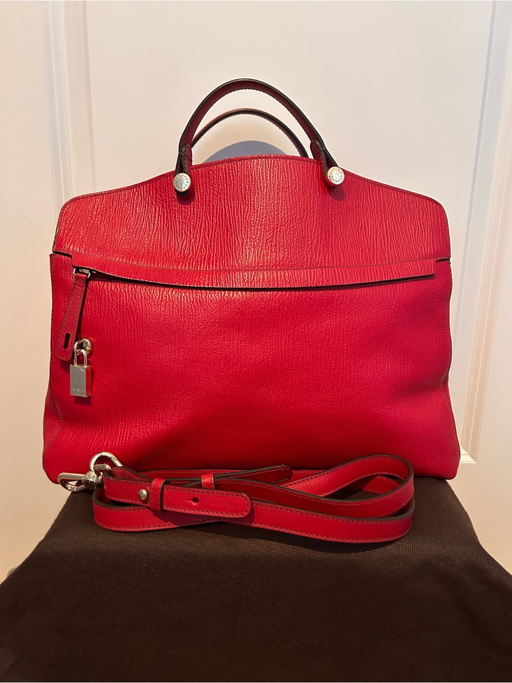 Furla Piper Red Leather Large Dome Bag with Detachable Strap